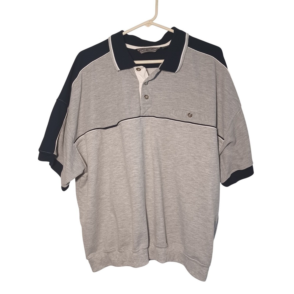 David Taylor Polo Shirt Waffle Knit Top 2 Tone Grey Navy White Tipping Mens 2XL